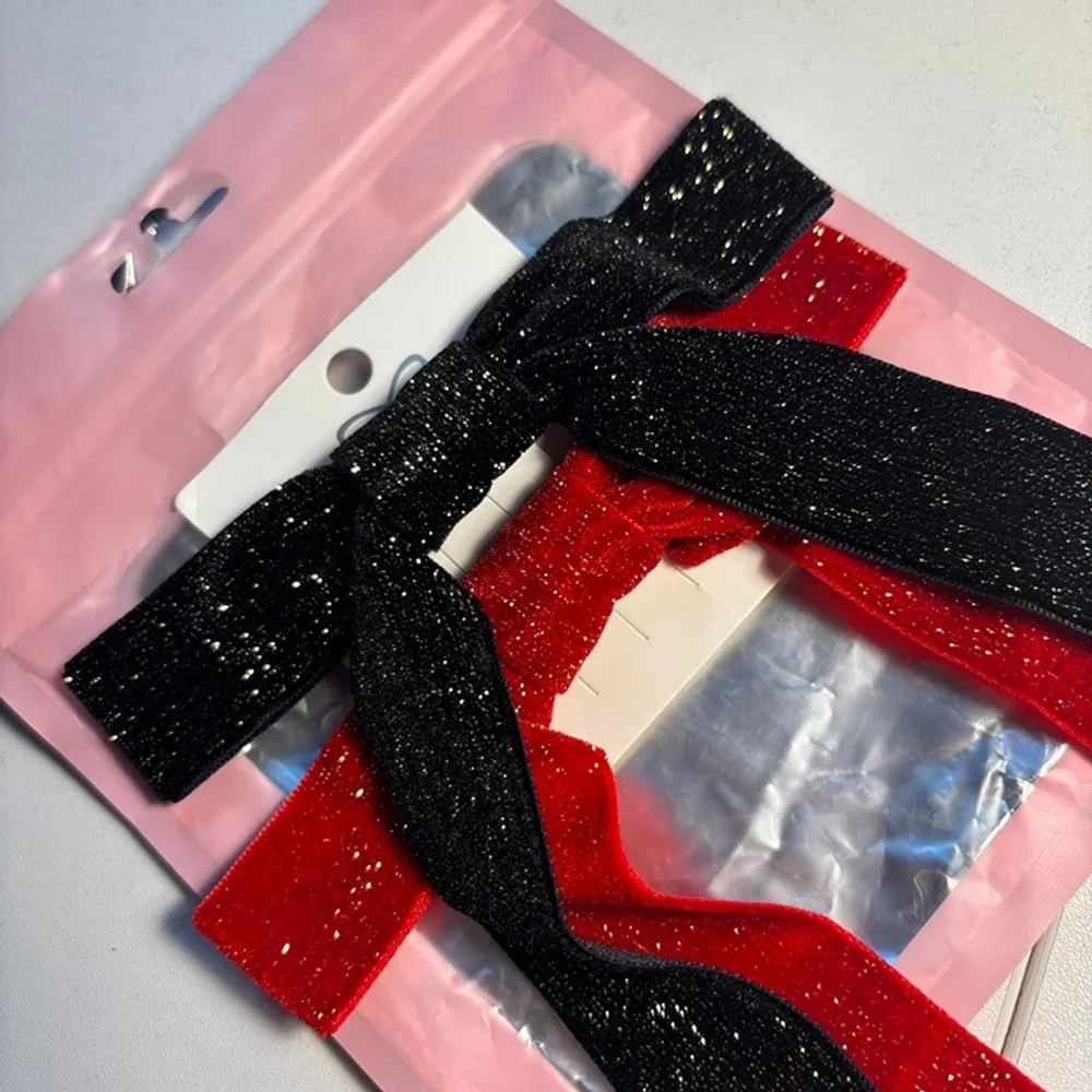 Set of 2 sparkly velvet hair bows, black and red, NEW